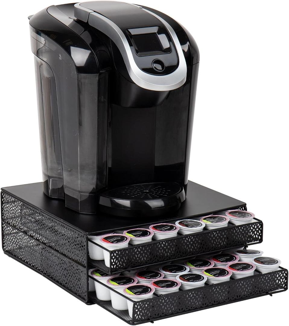 Mind Reader 2 Drawer Coffee Pod Organizer with Removable Dividers, 72 Pod Capacity, Metal Mesh Coffee Station Base with Guided Drawer Track, Black