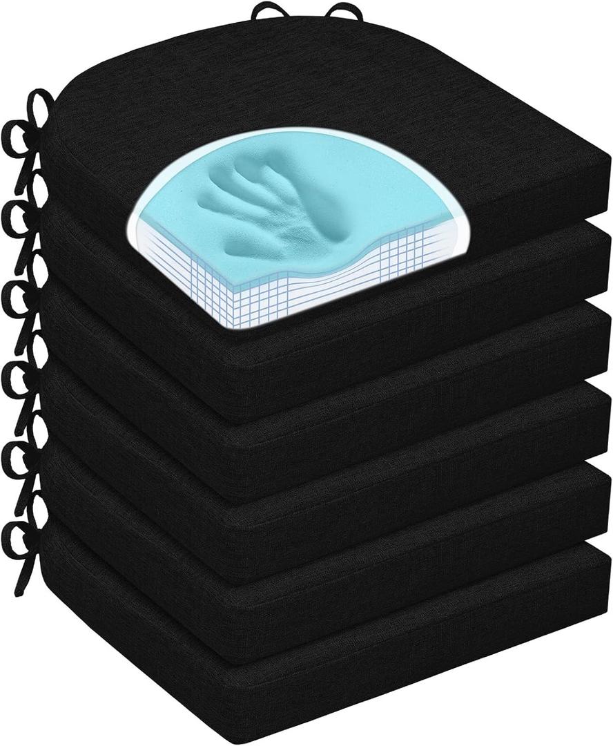 HOMELYSIAN Chair Cushions for Dining Chairs, Non Slip Chair Pads with Ties and Washable Covers, Memory Foam Kitchen Chair Cushions Set of 6, 16"X16"X2.5", Black