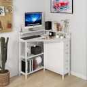 VENNQD Corner Desk with Drawers Shelves for Small Space 90 Degrees Triangle Computer Desk with Power Outlets,Gaming Desk with LED Lights Monitor Stand for Home Office Workstation Writing Table (White), 31.89 Inches X 31.89 Inches X 34.84 Inches