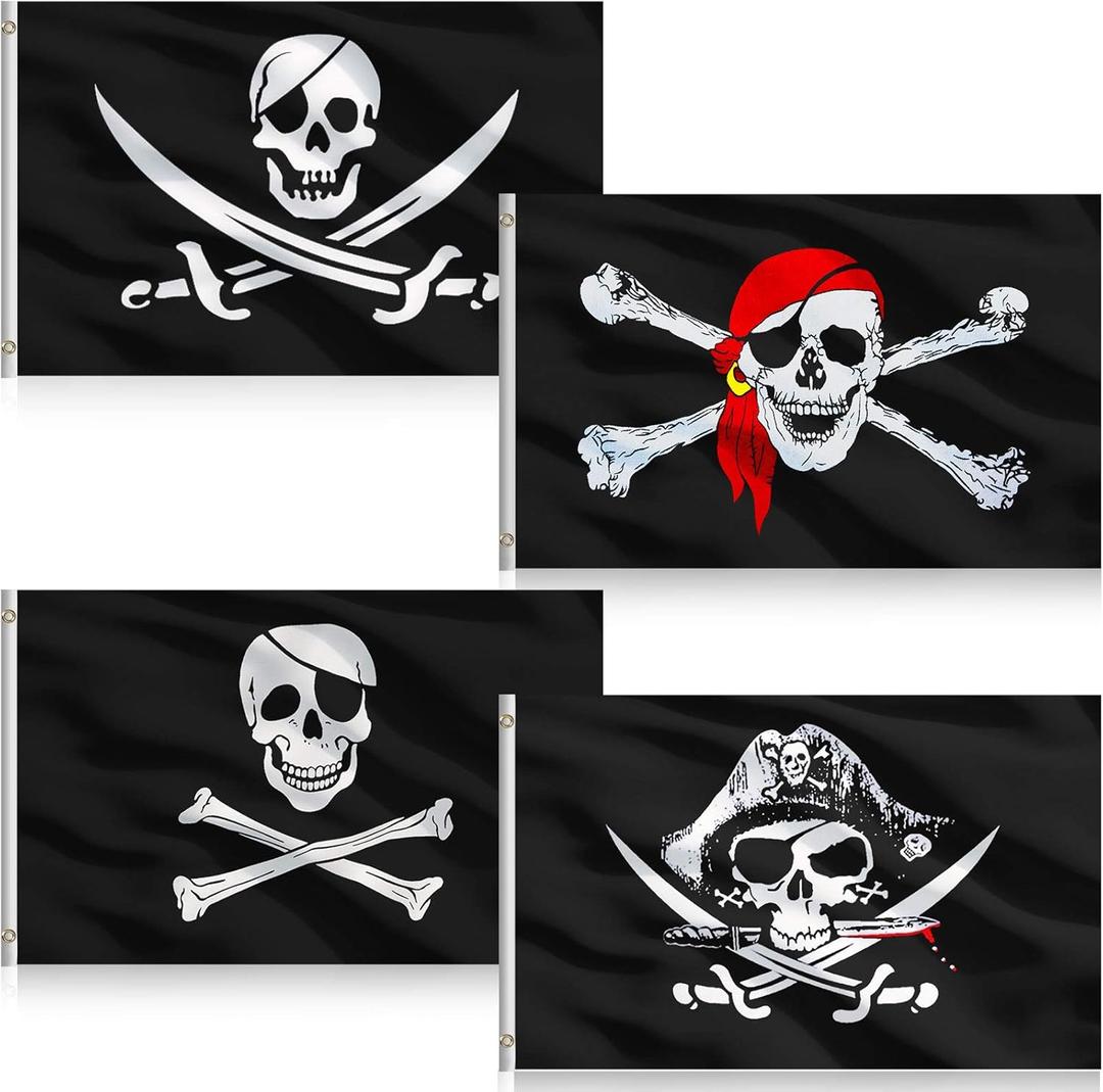 4 Pieces Pirate Flags 3 x 5 Feet Jolly Roger Pirate Flag Skull Bone Pirate Banner Halloween Retro Decorations Flag for Halloween Party Home Decoration, 4 Styles(Classic Style)