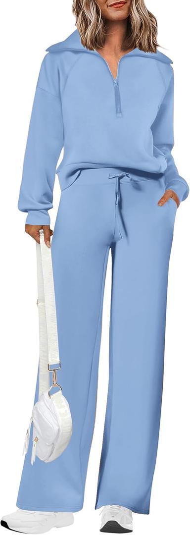 PRETTYGARDEN Women's 2 Piece Outfits Casual Lapel Half Zip Sweatshirts and Wide Leg Pants Tracksuit Sets (Large, Blue)
