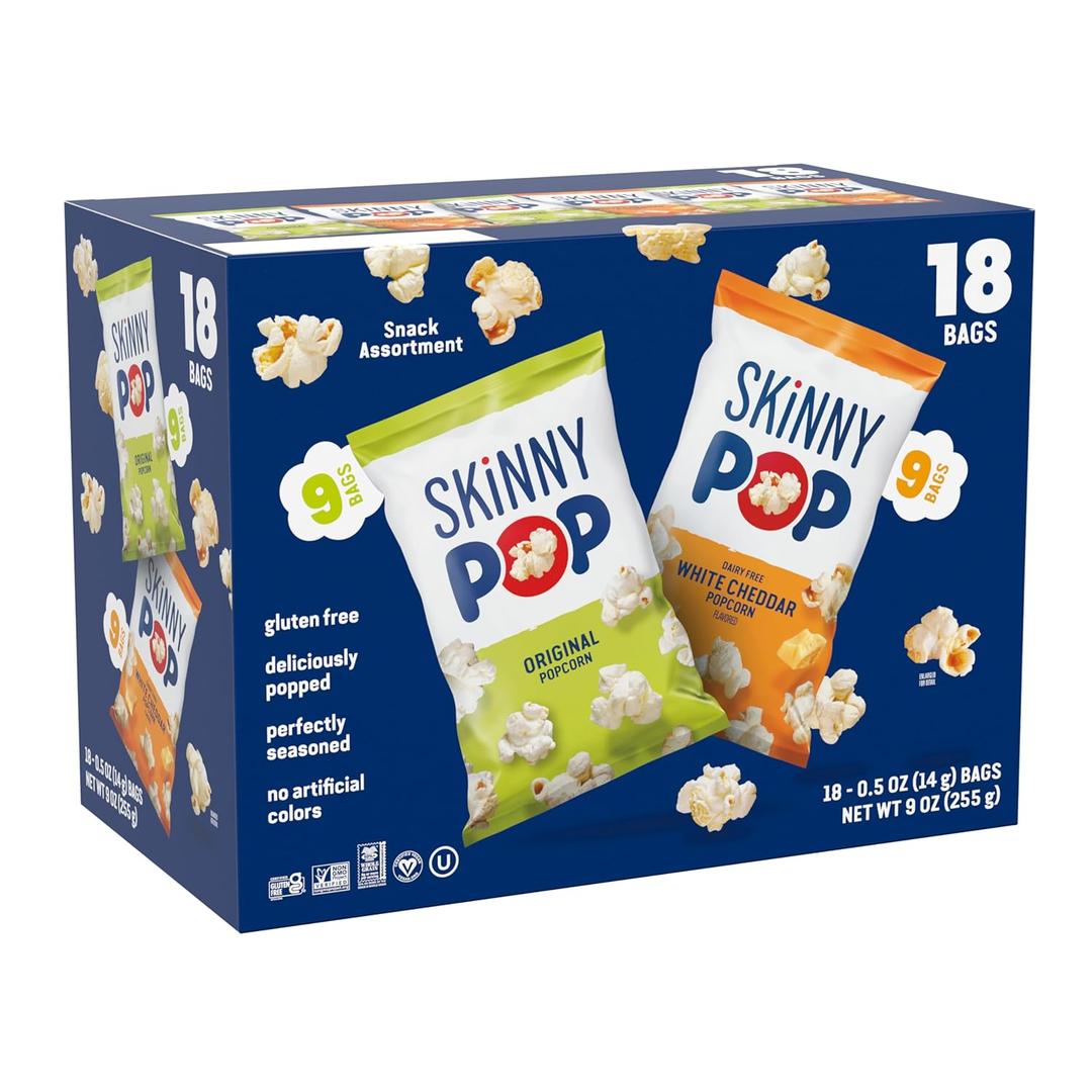 SkinnyPop Popcorn, Original and Dairy Free White Cheddar, Gluten Free, Non-GMO, 0.5oz Individual Size Snack Bags (18 Count) (EXP 07/11/26)