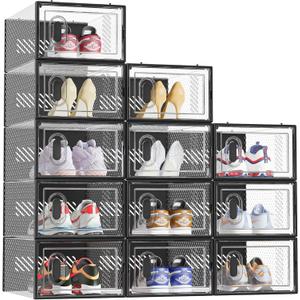 Shoe Storage, 12 Pack Shoe Organizer for Closet, Shoe Boxes Clear Plastic Stackable Shoe Containers with Lids for Size 10, Black (Large)