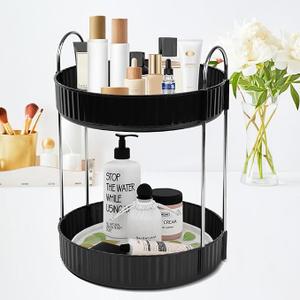 Zufudo Rotating Makeup Organizer Countertop 2 Tier Lazy Susan Trays Spinning Skincare Perfume Storage for Bathroom Counter Vanity, Black
