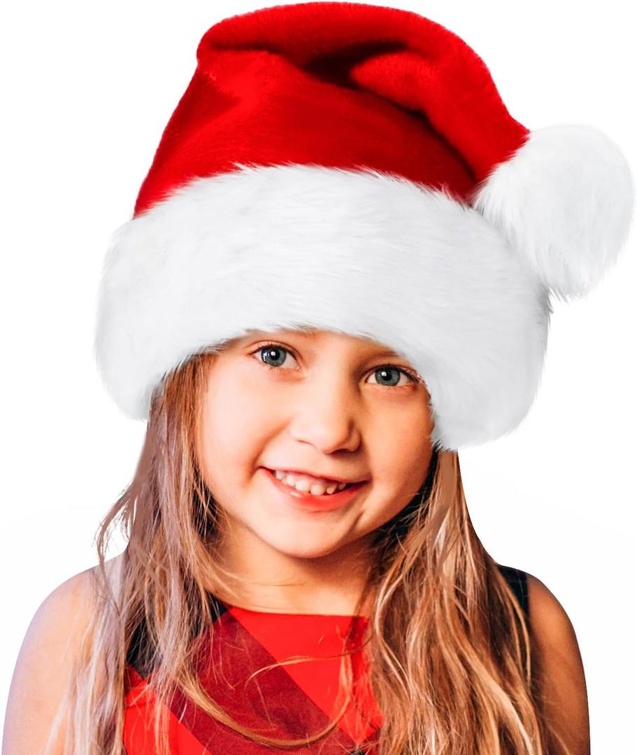BOSONER Santa Hat,Xmas Holiday Hat for Kids,Unisex Velvet Comfort Christmas Hats Extra Thicken Classic Fur for Christmas New Year Festive Holiday Party Supplies (1pcs)