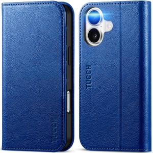 TUCCH Case for iPhone 16, PU Leather Flip Wallet Stand Folio Cover with [RFID Blocking] [3 Credit Card Slot] Shockproof [Soft TPU Interior Case] Compatible with iPhone 16 2024, Klein Blue