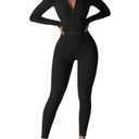 YEOREO Women Long Sleeve Workout Jumpsuit Zip Up Romper Bottom Pants Bodysuit Bodycon Sexy One Piece Black XS
