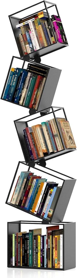 5-Tier Metal Bookshelf Modern Geometric Narrow Bookcase with Matte Black Finish, Tall Storage Organizer Display Shelf for Living Room, Bedroom, Office, Small Spaces, 67'' 18.11''8.86