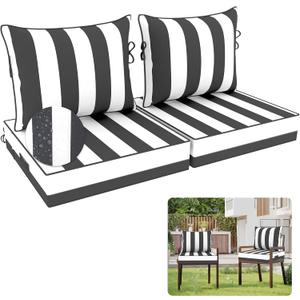 Outdoor Chair Cushion, 24 x 24 Inch Waterproof Deep Seat Patio Cushions Set of 2, Loveseat Cushions for Outdoor Furniture, 4" Thick Patio Furniture Cushion with Handle Straps, Black Stripe