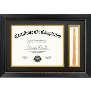 11x16.5 Diploma Frame with Tassel Holder for 8.5x11 Certificate Document, Black Diploma Frame with Real Glass, Black Over Gold Double Mats, Display 8.5x11 diploma and One Tassel