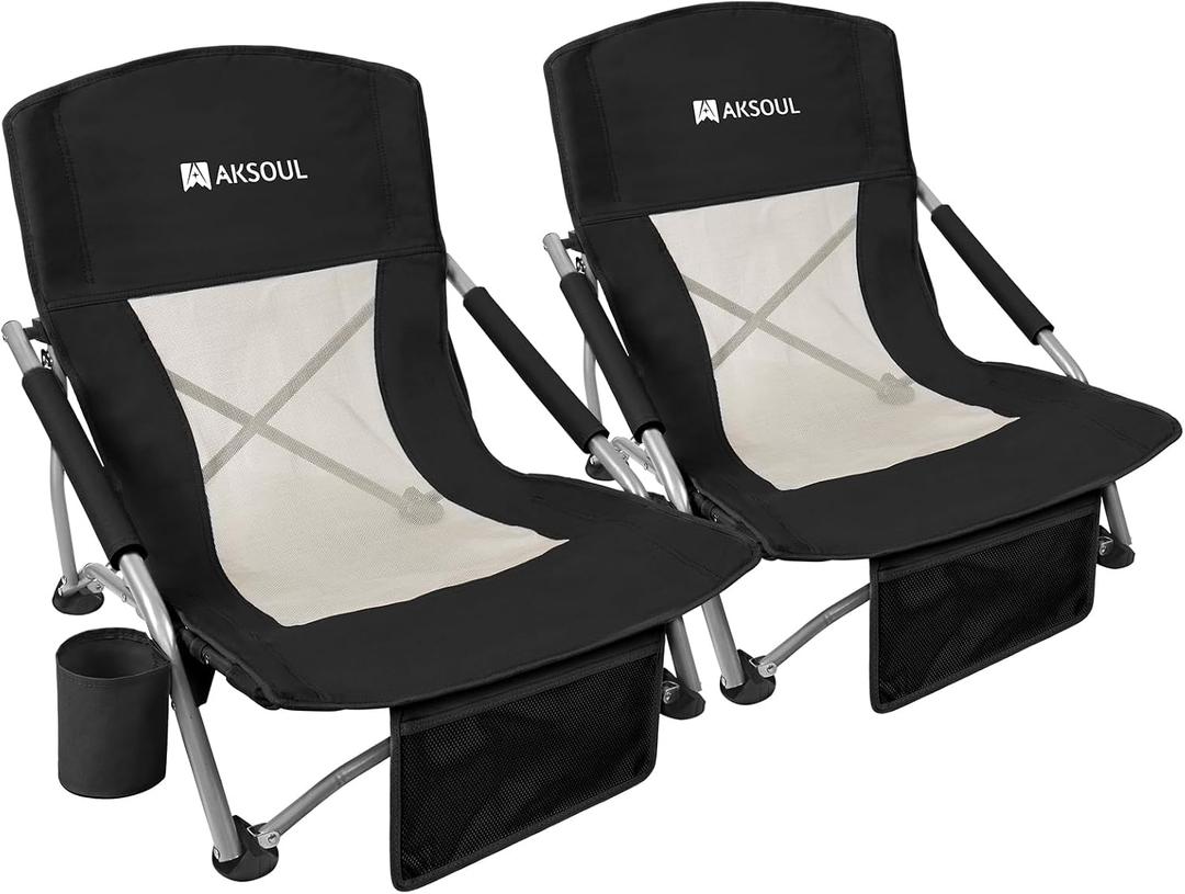 AKSOUL Folding Beach Chair for Adults: Low/High Back Chairs with Carry Bag - Extra Wide Seat Chair with Comfortable Pillow & Storage Pocket (1 Pack & 2 Pack, Blue), 23" x 23" x 24"
