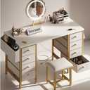 Large Vanity Desk with Mirror and Light- Makeup Vanity Set Table with Chair, Storage, Lighted Mirror, 8 Fabric Drawers & Power Outlet, Dressing Table Vanities for Girls Bedroom (2. Gold)