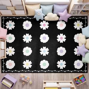 Tinideya 5 x 7.5 ft Classroom Rug, Black Pastel Daisy Flower Mat