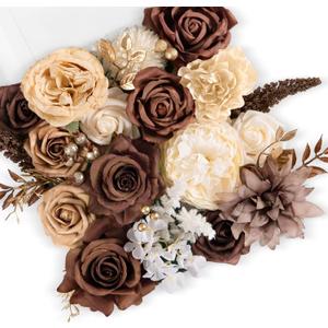 TINGE TIME Silk Fake Flowers Combo, Fake Foam Roses with Stems for DIY Wedding Bouquets Centerpieces Baby Shower Party Home Decorations(Brown & Nude Color)