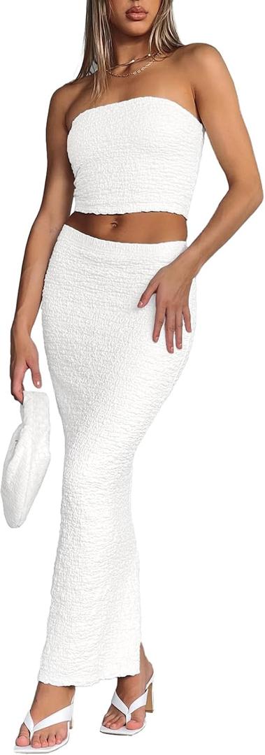 Two Piece Skirt Outfits for Women Sleeveless Tube Tops Bodycon Sexy Maxi Dress 2 Piece Summer Y2K Vacation Set