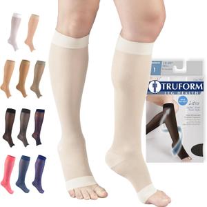 Truform Sheer Compression Stockings, 15-20 mmHg, Women's Knee High Length, Open Toe, 20 Denier, Ivory, Medium