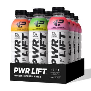 Whey Protein Water Sports Drink by PWR LIFT | Variety Pack | Keto, Vitamin B, Electrolytes, Zero Sugar, 10g of Protein | Post-Workout Energy Beverage | 16.9oz (Pack of 12), Best By 29 Oct 2025