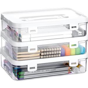 BTSKY 3 Pack Clear Plastic Storage Box with Handle & Flap Lid, Portable Craft Organizers and Storage Box Art Supply Storage Organizer Multipurpose Plastic Sewing Box for Beads Pencils Sticky Notes