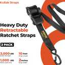 Retractable Ratchet Straps 2" x 10ft, 3,000lb Break Strength, Heavy Duty Easy Release Tie Down for Trucks, Trailers, Motorcycles, ATVs, Secure Cargo KODIAK STRAPS (Black, 2Pack)
