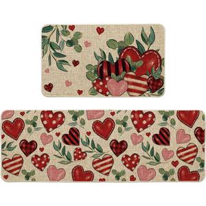 Artoid Mode Leaves Heart Valentines Kitchen Mats Set of 2, Low-Profile Home Decor Kitchen Rugs for Floor - 17x29 and 17x47 Inch
