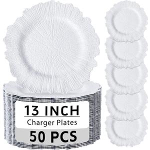 ejonirinjonir EI 50pcs Reef Charger Plates Bulk,13 Inch Plastic White Charger Plates,Parties,White Chargers for Dinner Plates,Suitable for Wedding,Events