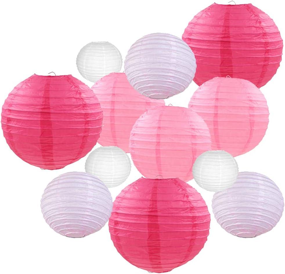 Pink Paper Lanterns 12 Pcs Assorted size of 6" 8" 10" 12" Chinese Round Paper Hanging Decorations Ball Lanterns Lamps for Home Decorations, Parties, and Weddings