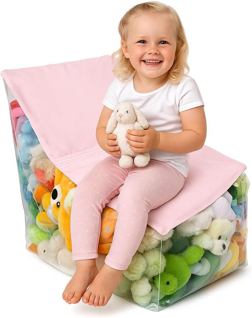 Clear Stuffed Animal Storage Chair for Kids Plush Toy Organizer Seat, Transparent Stuffed Animal Storage for Bedroom & Playroom, Holds Plush Toys - Pink