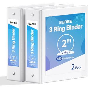 SUNEE 3 Ring Binder 2 Inch 2 Pack, Clear View Three Ring PVC-Free (Fit 8.5x11 Inches) for School or Office Supplies, White