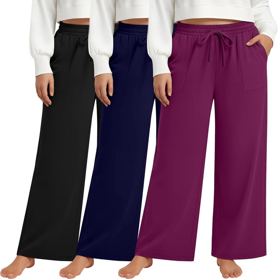 3 Pack Plus Size Pants for Women Wide Leg Casual Pant Drawstring Stretchy Waist Trousers with Pockets (X-Large, Fuchsia, Navy Blue, Black)