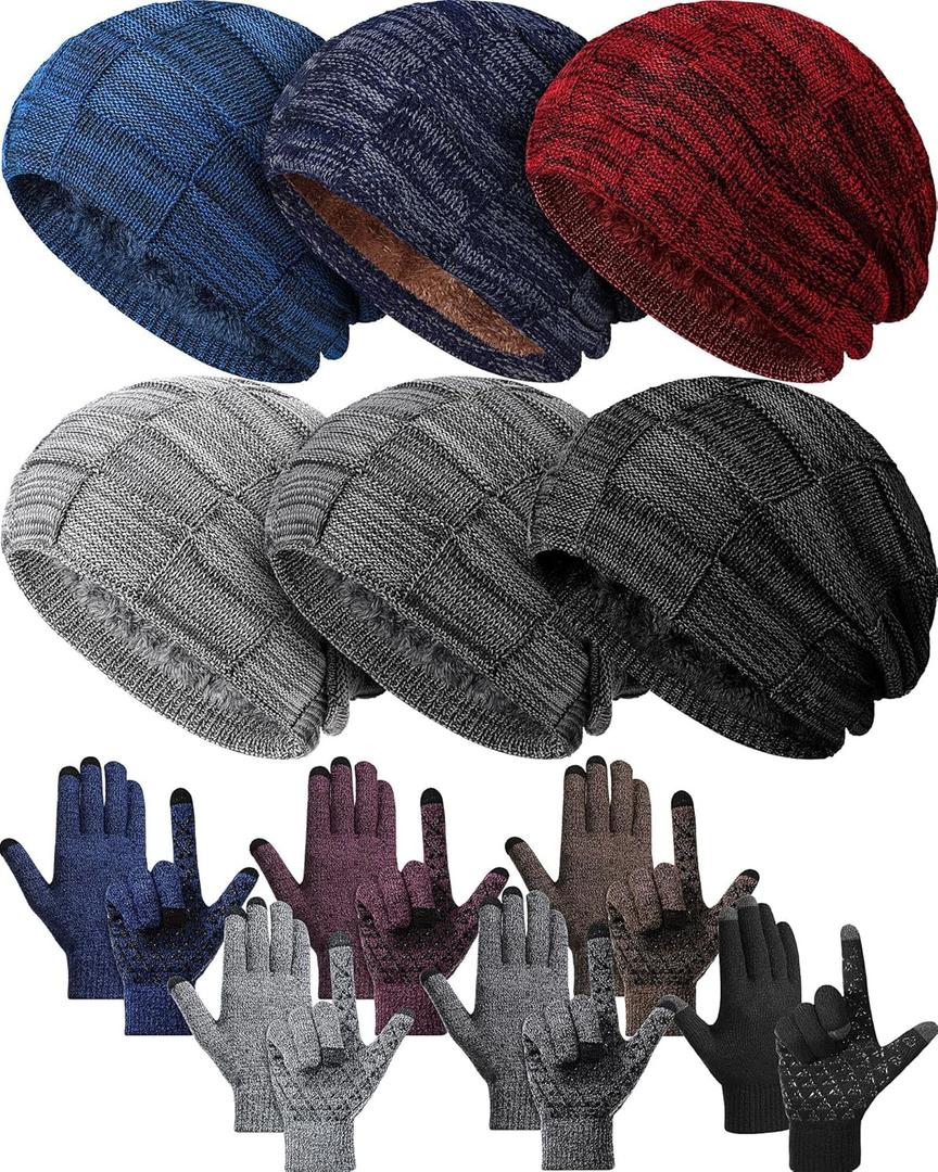 12 Pcs Winter Beanie Hats and Touch Screen Gloves Set Includes 6 Warm Beanie Slouchy Knitted Skull Hats and 6 Pairs Touchscreen Gloves for Men Women Warm Snow Cold Weather with Fleece Lined