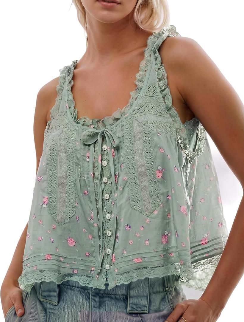 Women Summer Boho Lace Tie Front Tank Beach Vacation Top Button Down Sleeveless Cardigan Crop Y2k Tops Clothes 2026, Size: Medium