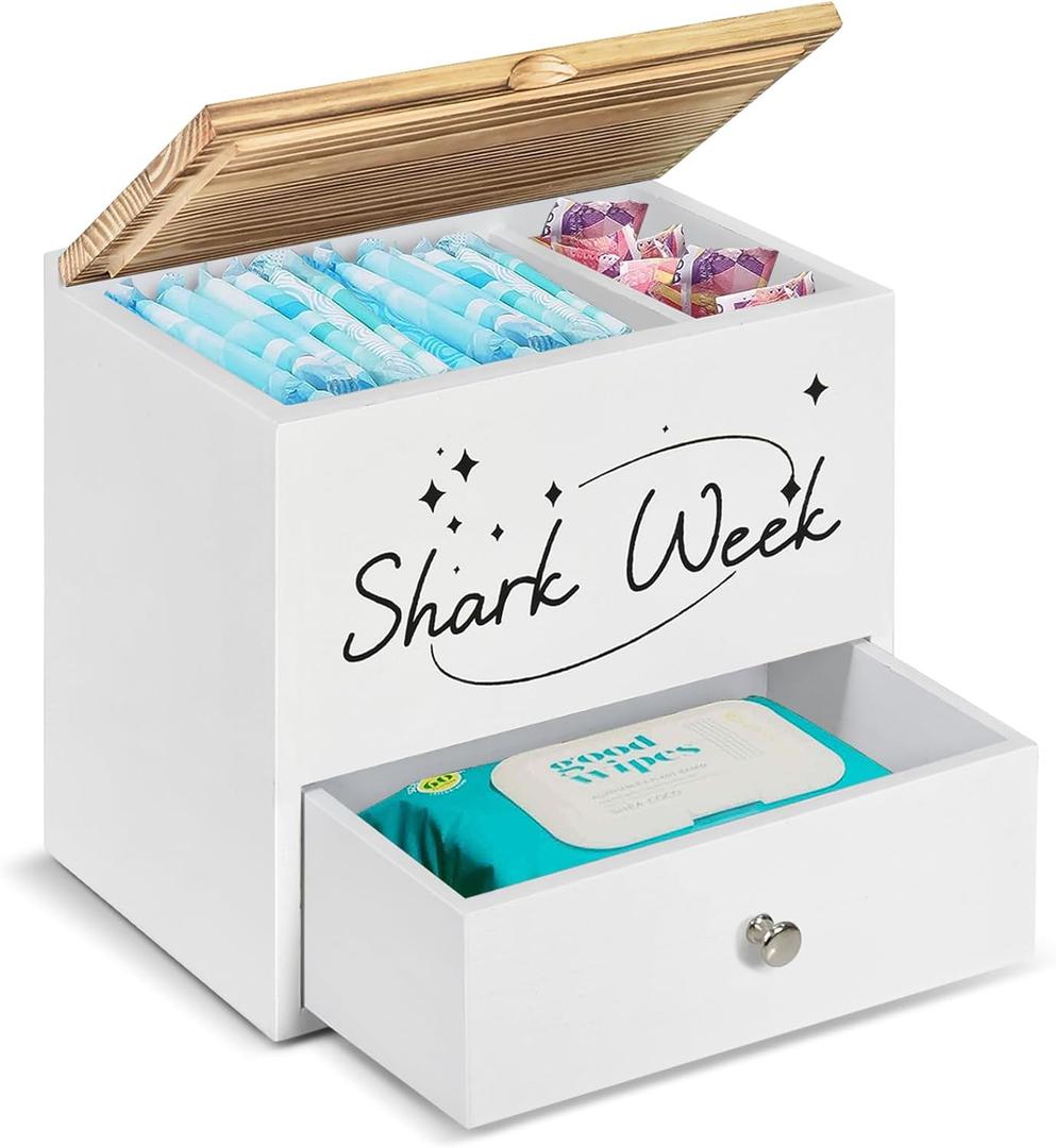 Tampon Holder for Bathroom Decor and Storage, Wood Feminine Product Organizer with Drawer Lid, Shark Week Bathroom Organizer, Pad and Tampon Organizer for Bathroom Accessories, Cotton Ball/Swab Holder