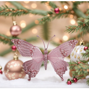 Butterfly Christmas Ornaments Small Cute Christmas Tree Decorations for Indoor Outdoor Unique Holiday Decor Christmas Party Home Decorations (Medium Pink), 3-Pack