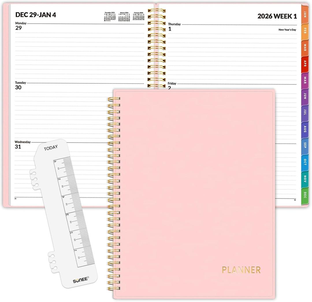 SUNEE 2026 Weekly and Monthly Planner - from January 2026 - December 2026, Daily Agenda Planner with Monthly Tab, Flexible Cover, Note Pages, Pockets, Bookmark, Spiral Binding, Pink, 8.5"x11"