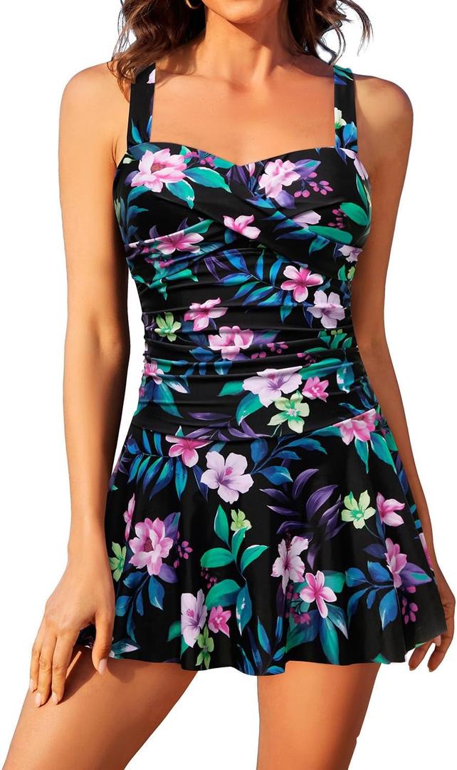 Aqua Eve One Piece Swim Dress Tummy Control Swimsuit with Skirt Modest Bathing Suit Vintage Swimdress (Medium, Floral)