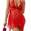 ALOECDYV Sexy Lingerie for Women Lace Babydoll with Heart Print V Neck Nighty Mesh Sleepwear Front Slit Nightdress (Red, 3XL)