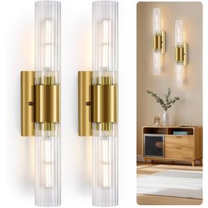 21" Gold Bathroom Sconces Set of 2 , Modern Wall Sconces Set of Two with Threaded Glass, Hardwired Up Down Wall Lighting Vanity Fixtures for Bedroom Bathroom Living Room Hallway (Bulb Not Included)
