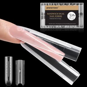 JEWHITENY 140 PCS Sandwich Nails Dual Forms: Long Square Reusable Nail Forms with Guide Lines,14 Sizes Nail Mold for Nails Extension, Salon & Home DIY Nail Art Tools