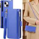 Antsturdy Compatible with iPhone 15 Plus Wallet Case for WomenRFID Blocking Crossbody Phone Case PU Leather Zipper with Wrist Strap Flip Cover Credit Card Holder for Apple 15 Plus 6.7" Purple Blue