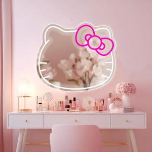 FATMOON Anime Hello Kit Mirror Vanity Neon Sign, Cute Cat with Lights Stuff Room Decor, Dimmable Makeup Mirror for Teen Girl Gift Bedroom Room Decor 15.53 x 13.19 inch