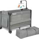 JOYMOR Baby Bassinet, Pack and Play with Bassinet and Carry Bag, Convert to Bedside Sleeper with Wheels for Boys Girls (Gray)