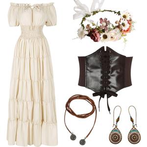 HSDOU 5 Pcs Renaissance Medieval Costume Dress Women Fairy Dress Peasant Cottagecore Dress 1700s Victorian Fairy Costume (3X-Large, Z3768wh)
