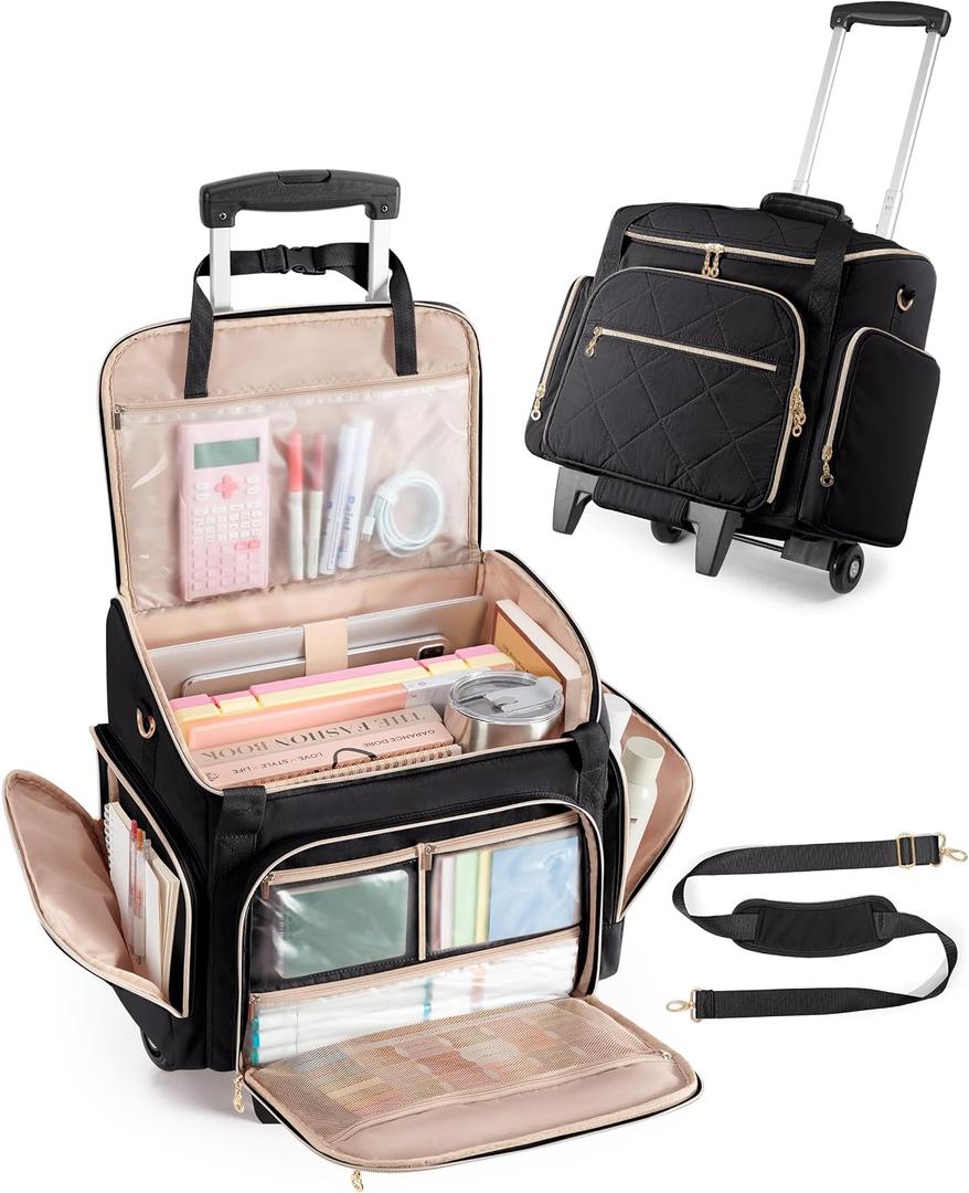 Marscamd Rolling Teacher Bag with 15.6" Laptop Compartment, Wheeled Work Briefcase Tote with Detachable Trolley for Women, Black
