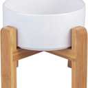 Ceramic Elevated Raised Cat Bowl with Wood Stand No Spill Pet Food Water Feeder Cats Small Dogs (Medium, White)