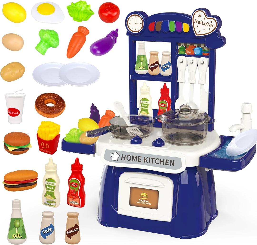 Kitchen Set for Toddler with Sound and LightPretend Cooking Food Set,Kids Kitchen PlaysetPlay Sink with Running Water and Electronic Induction StoveKitchen Accessories (Lyons Blue Kitchen)