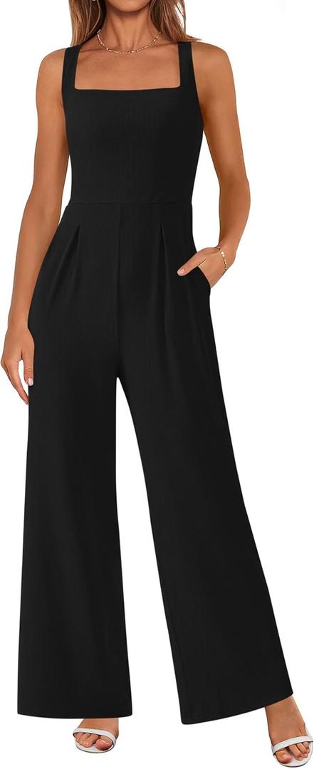 PRETTYGARDEN Summer Sleeveless Jumpsuits for Women Dressy Square Neck Wide Leg Pants Knit One Piece Rompers Fashion Clothing (X-Large, Black)