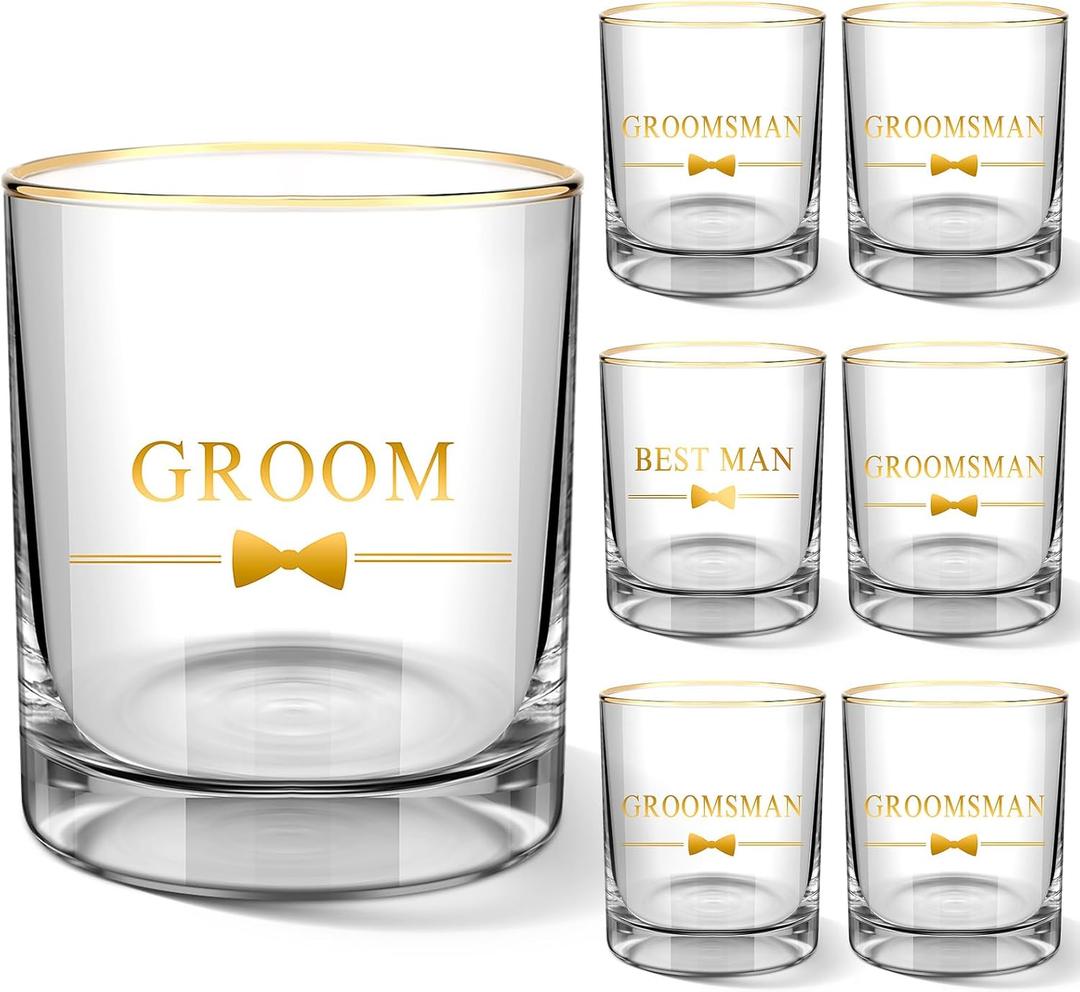 LemonRoad 7 Pcs Groom Groomsmen Gifts Whiskey Glasses Set 10 oz Whiskey Rock Glass Shot Set for Groom Best Man Groomsman Wedding Engagement Proposal Bachelor Party Gift Favors Decorations Accessories