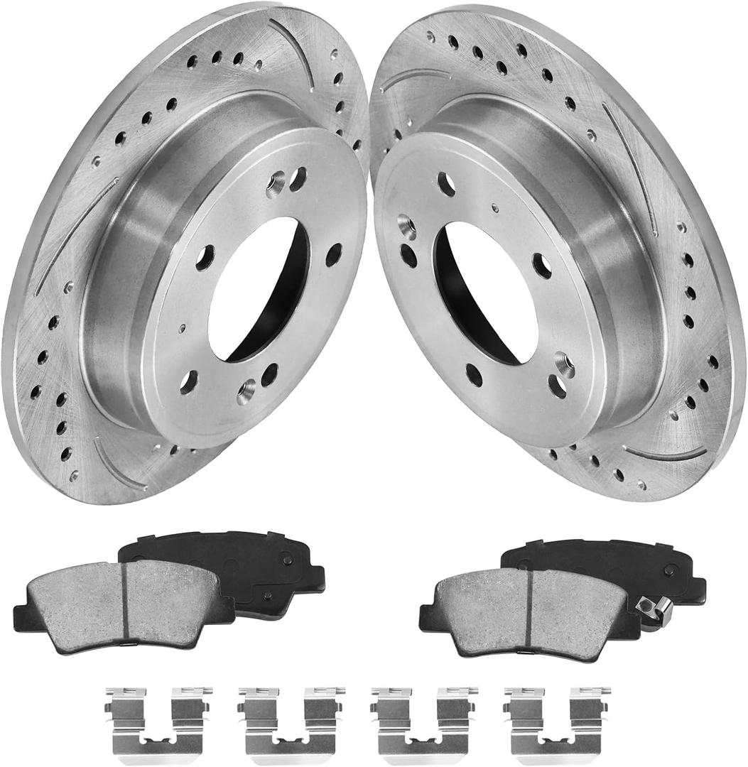 Rear Rotors Compatible with Forte [ 2014-2022 ] Brake Rotor Kit | 10.3'' Drilled and Slotted Disc Brake Rotor and Ceramic Brake Pads Brake Rotor Kit, Replacement 262mm Rotors Brake Kit