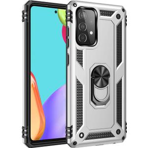 Dionsibei Military Grade Drop Impact for Samsung Galaxy A52 5G Case 360 Metal Rotating Ring Kickstand Holder Armor Heavy Duty Shockproof Cover for Galaxy A52 5G/4G Phone Case (Silver)