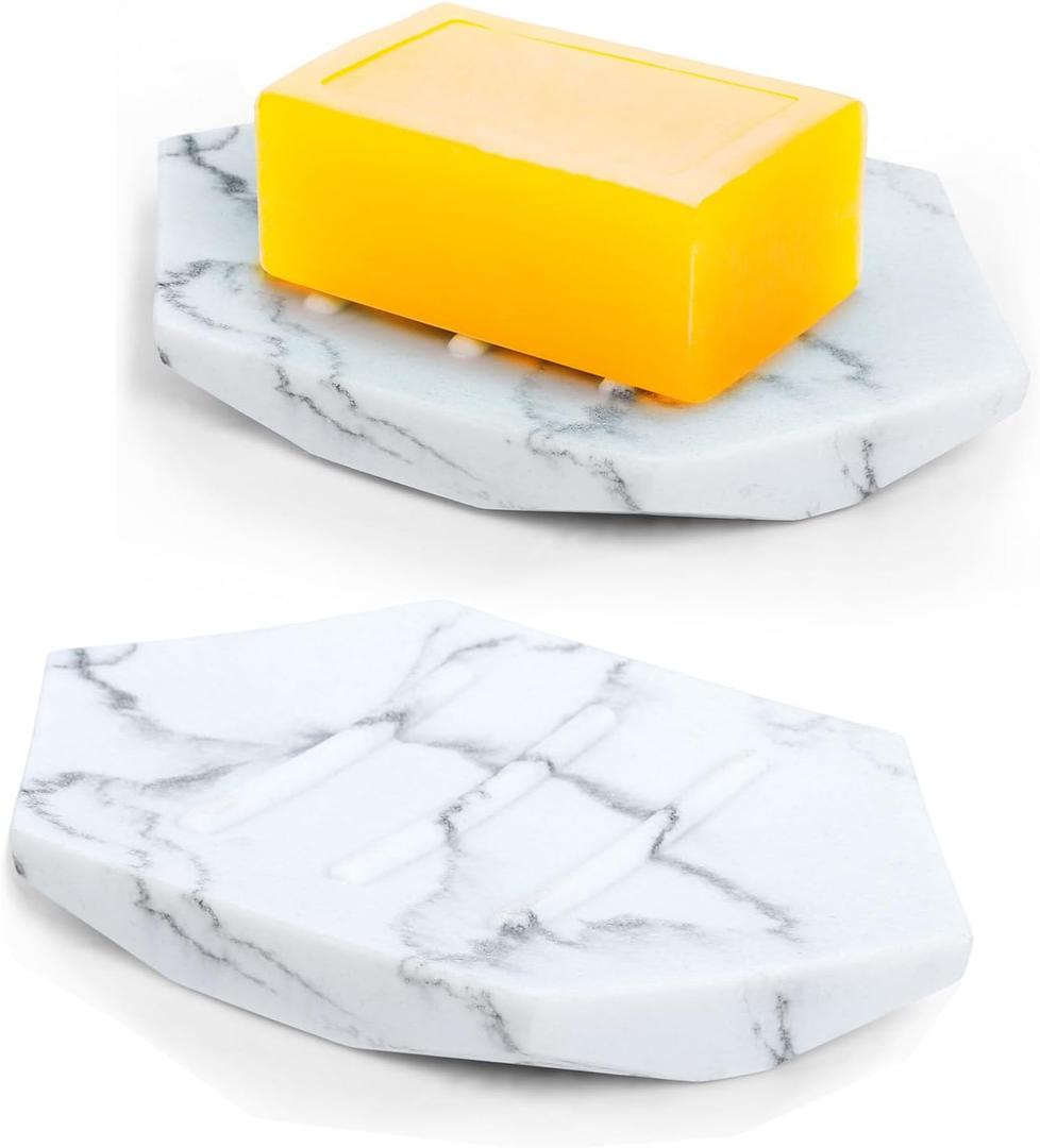 Marble Soap Dish for Bathroom & Kitchen  White Hexagon Resin Soap Holder with Drainage, Non-Slip & Durable Bar Soap Tray for Countertop, Shower, and Sink,2Pcs